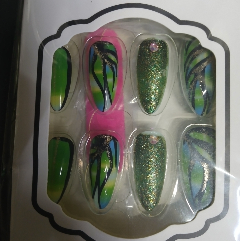 Green blue glitter art almond press on nails